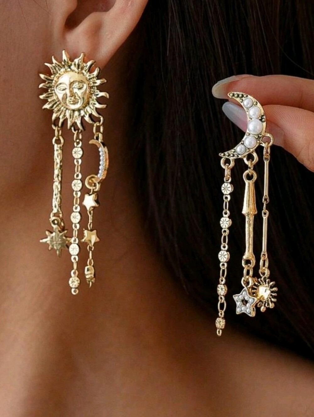 NEW! Gold Sun &Moon Celestial Vintage Style Drop Earrings With Tiny Pearl Accent